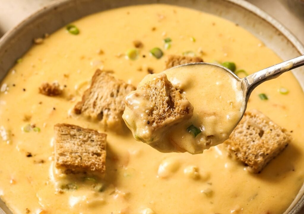 A bowl of creamy cheese soup with chunks of bread and chopped green onions, with a spoon lifting a piece of bread coated in the thick soup.
