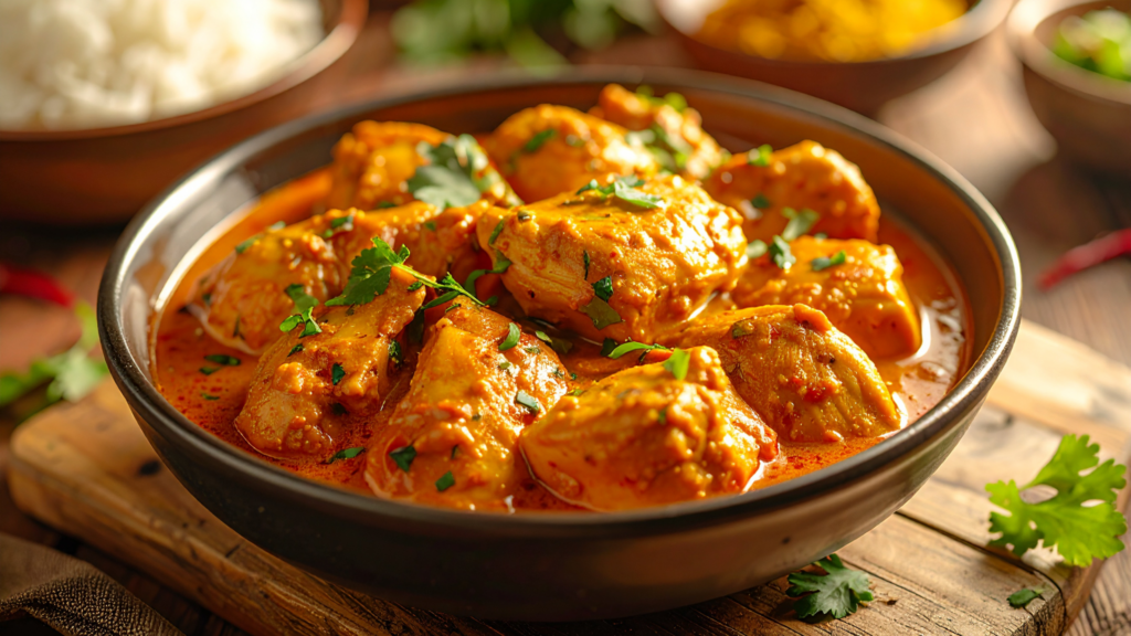 owl of chicken tikka masala with chunks of chicken in a creamy orange curry sauce, garnished with herbs.