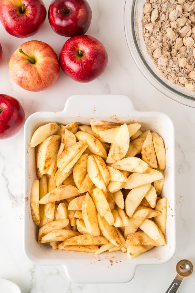 A white baking dish filled with sliced apples sprinkled with cinnamon sits on a countertop, surrounded by whole red apples, a bowl of dry crumble topping, and a measuring spoon.