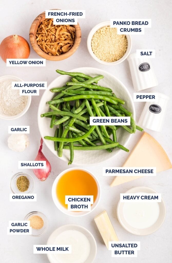 Flat lay of labeled ingredients for a green bean casserole, including green beans, panko bread crumbs, parmesan cheese, chicken broth, heavy cream, whole milk, unsalted butter, onion, shallots, garlic, flour, oregano, salt, pepper, and fried onions.
