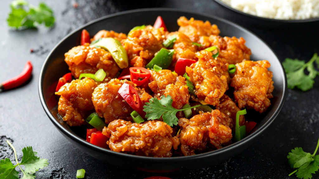 Bowl of crispy General Tso’s chicken with red peppers, green onions, and sesame seeds.