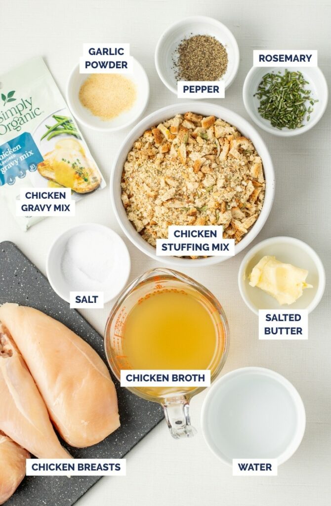 Labeled ingredients on a white background include chicken breasts, chicken broth, chicken stuffing mix, chicken gravy mix, garlic powder, pepper, rosemary, salt, salted butter, and water displayed in bowls and containers.