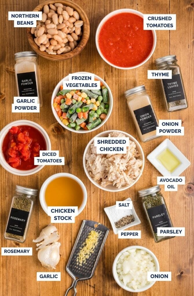 Top-down view of chicken vegetable soup ingredients arranged on a wooden surface, including northern beans, crushed tomatoes, diced tomatoes, frozen mixed vegetables, shredded chicken, chicken stock, avocado oil, chopped onion, minced garlic, garlic powder, onion powder, thyme, rosemary, parsley, salt, and pepper, each labeled with text.