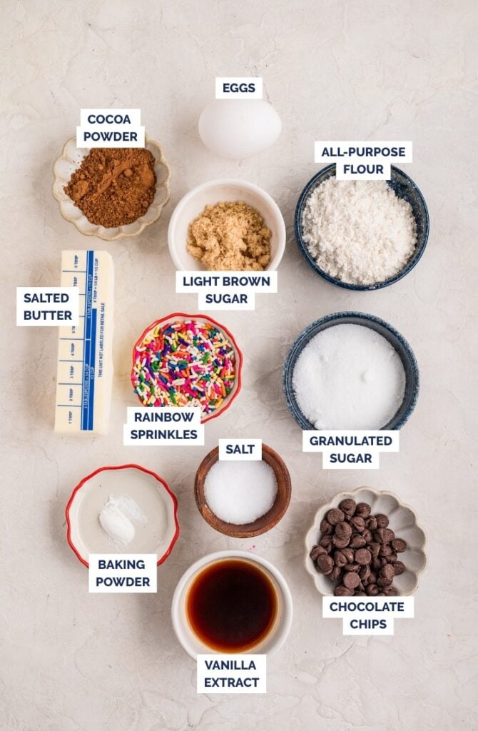 Overhead view of neatly arranged brownie ingredients, including cocoa powder, flour, sugars, butter, chocolate chips, rainbow sprinkles, vanilla extract, salt, baking powder, and an egg, each labeled in small text.