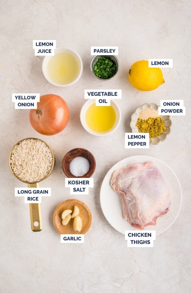 Overhead view of ingredients for lemon chicken rice.