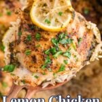 Close-up of a serving spoon lifting a piece of lemon chicken thigh over rice, topped with a lemon slice and fresh parsley, with the text Lemon Chicken Rice from Real Balanced.