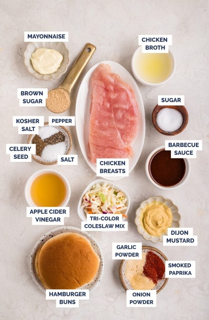 Flat lay of labeled ingredients for slow cooker pulled chicken.