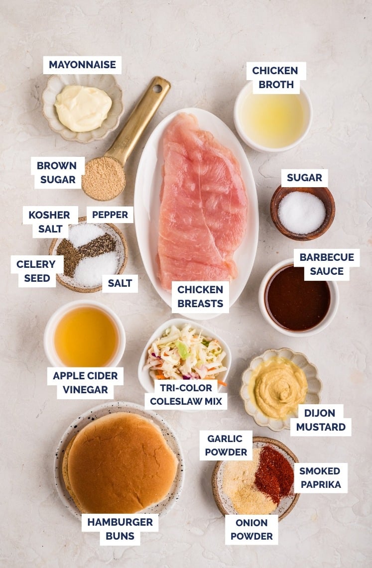 Flat lay of labeled ingredients for slow cooker pulled chicken.