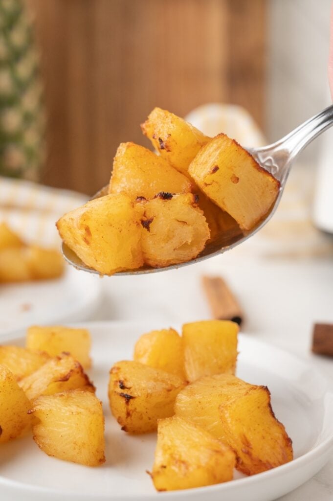 Air-fried pineapple pieces with lightly browned edges.