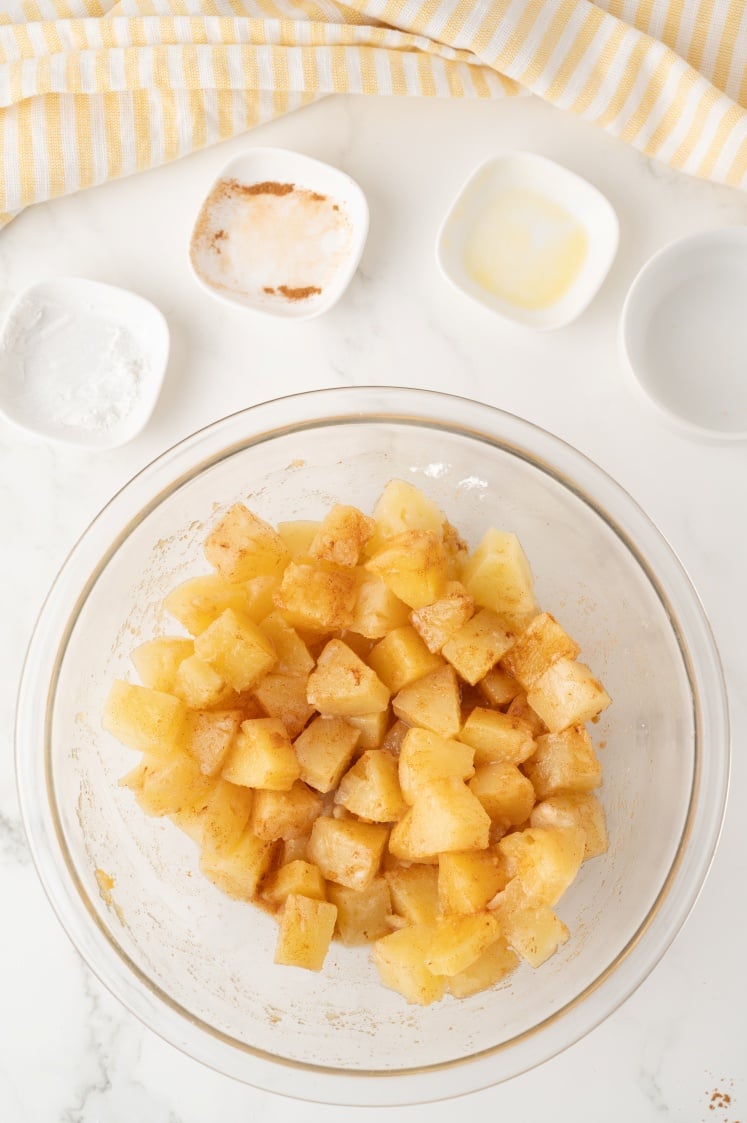 Seasoned pineapple chunks in a bowl.
