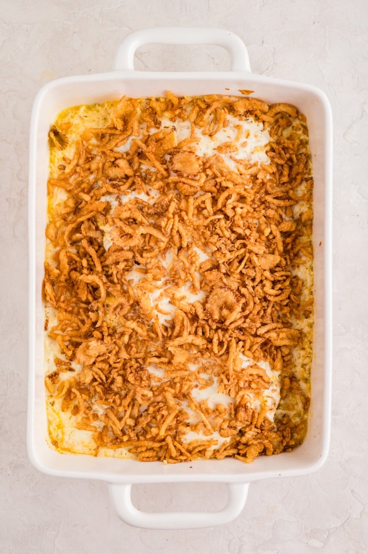 French onion chicken casserole baked until bubbly and topped with crunchy fried onions.