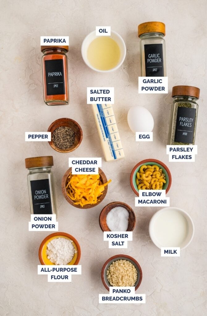 Ingredients for fried mac and cheese bites.