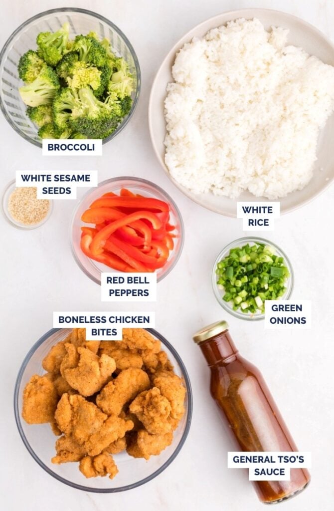 Ingredients for General Tso’s chicken with rice and vegetables.