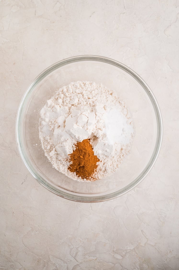 Dry ingredients in a glass bowl.