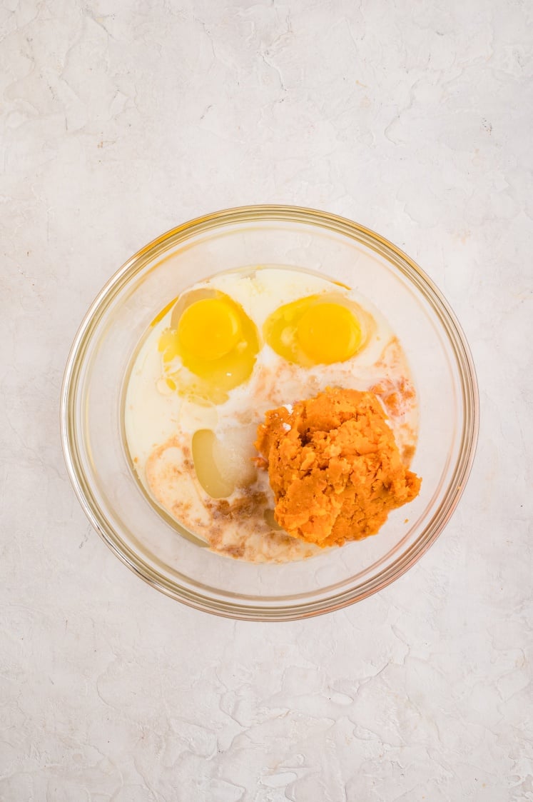 Wet ingredients in a glass bowl.
