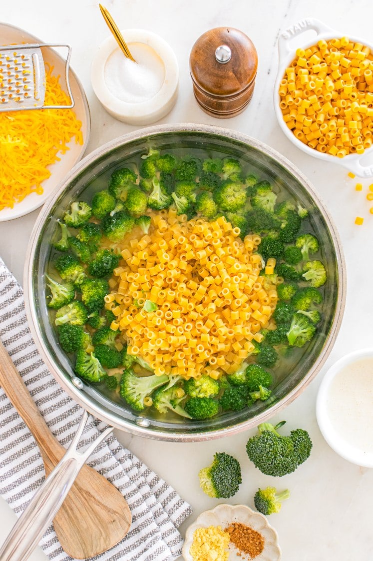 Skillet filled with broccoli.