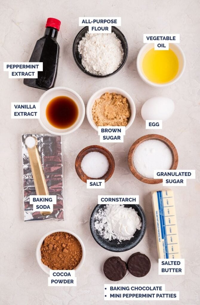 An overhead view of the ingredients for peppermint patty brownies.