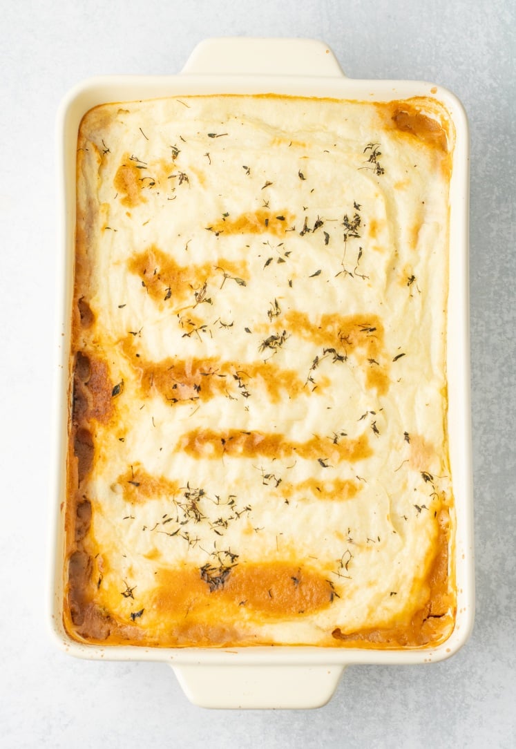Baked until the top is lightly golden with crisp edges, the shepherd’s pie comes out bubbling underneath and perfectly set, ready to rest for a few minutes before serving.