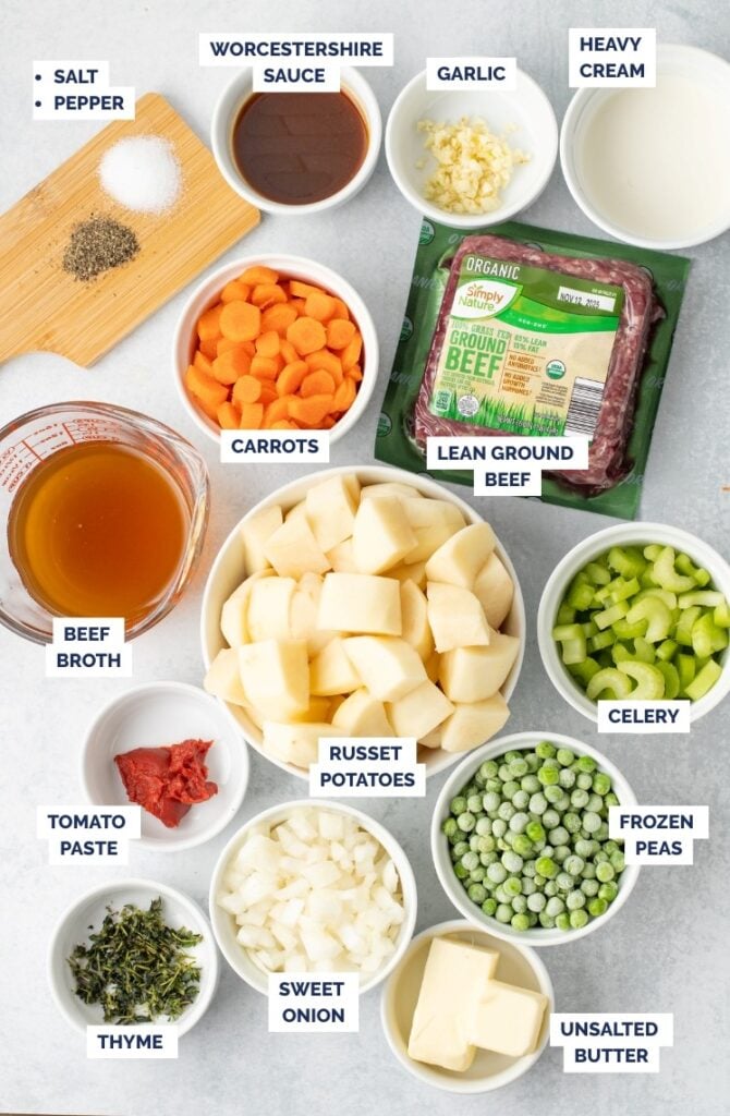 An overhead look at all the ingredients for classic shepherd’s pie.