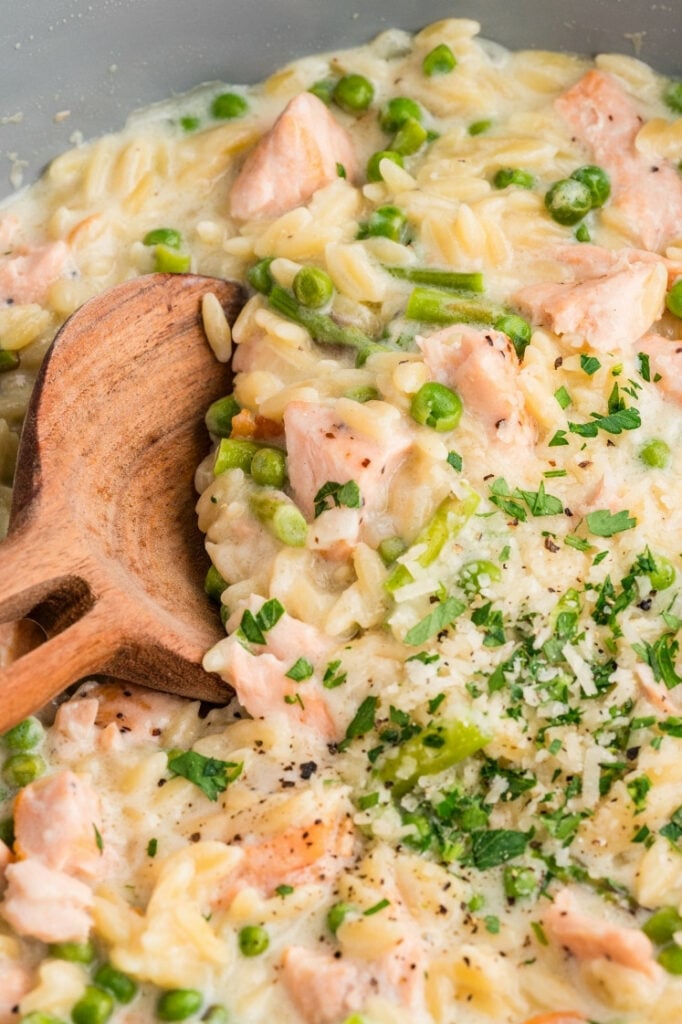 Close-up of a spoon lifting creamy salmon orzo with tender salmon pieces, peas, and asparagus in a rich, creamy sauce.
