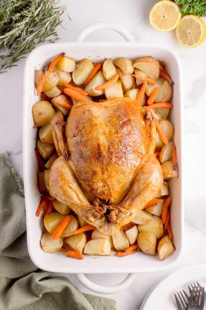 Golden-brown oven roasted whole chicken sitting on a bed of cooked potatoes and carrots in a white baking dish, garnished with fresh rosemary and lemon halves.