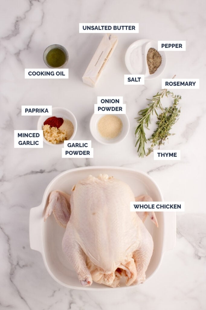 Overhead ingredient graphic for oven-roasted chicken. Text labels point to cooking oil, unsalted butter, salt, pepper, paprika, minced garlic, garlic powder, onion powder, rosemary, thyme, and a whole raw chicken in a white baking dish.